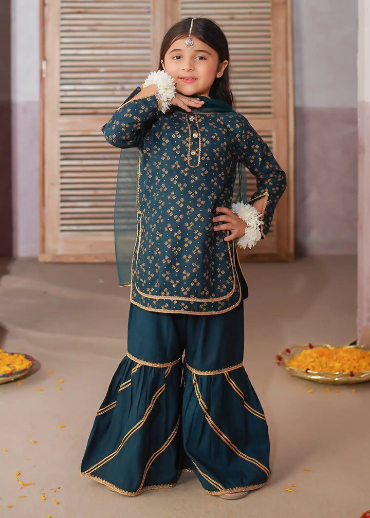 Modest Printed Rawsilk Gharara Green 3 Piece