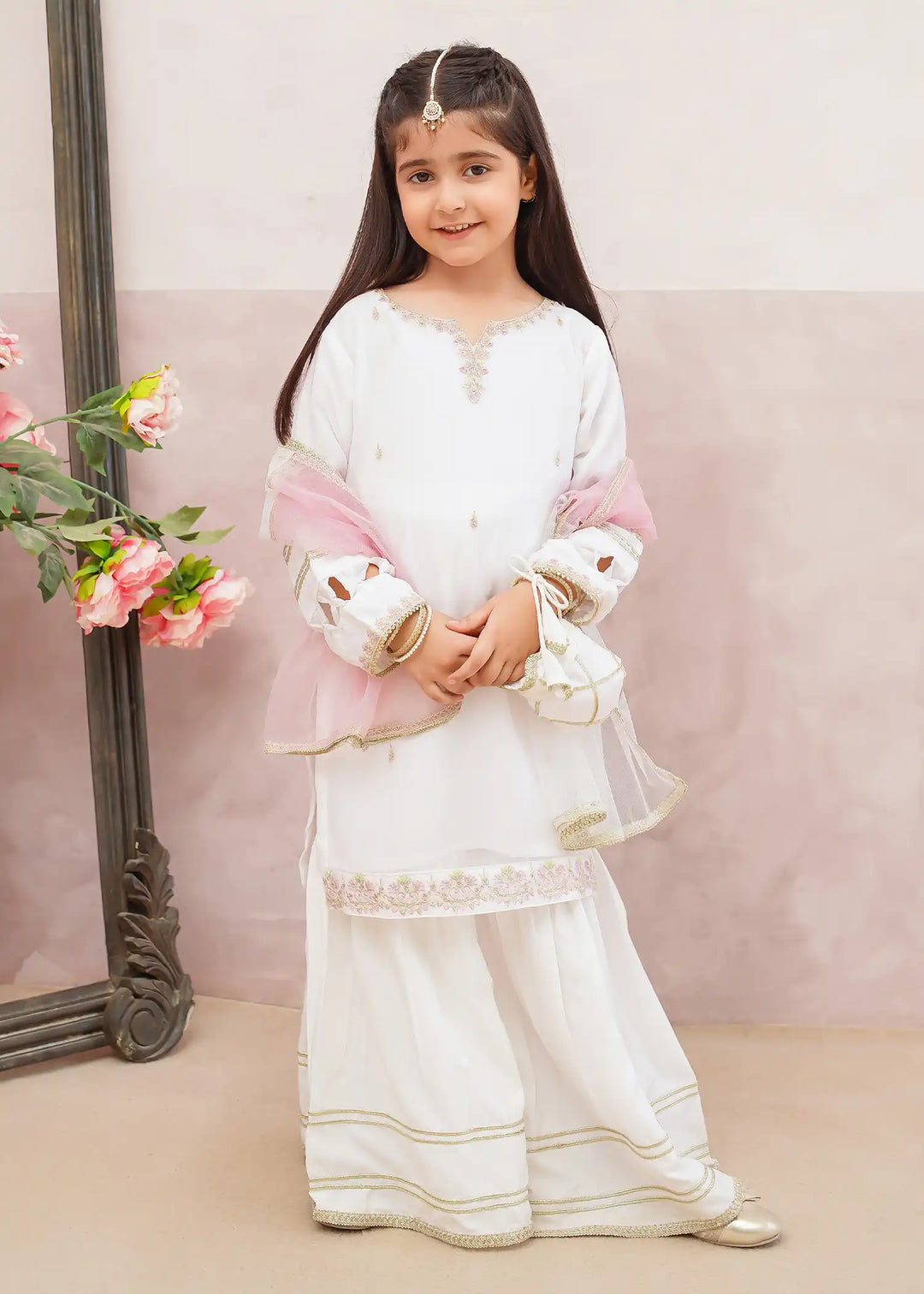 Modest - Chiffon Embroidered Gharara For Girl - White - 3 Piece
