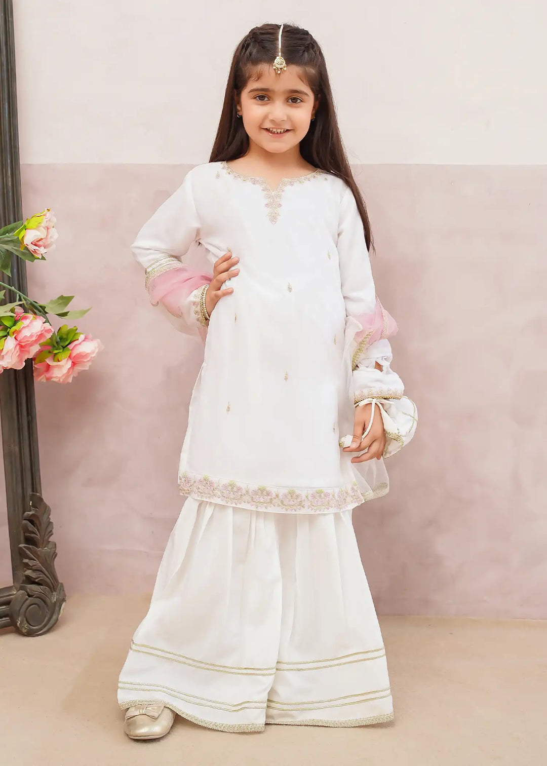 Modest - Chiffon Embroidered Gharara For Girl - White - 3 Piece