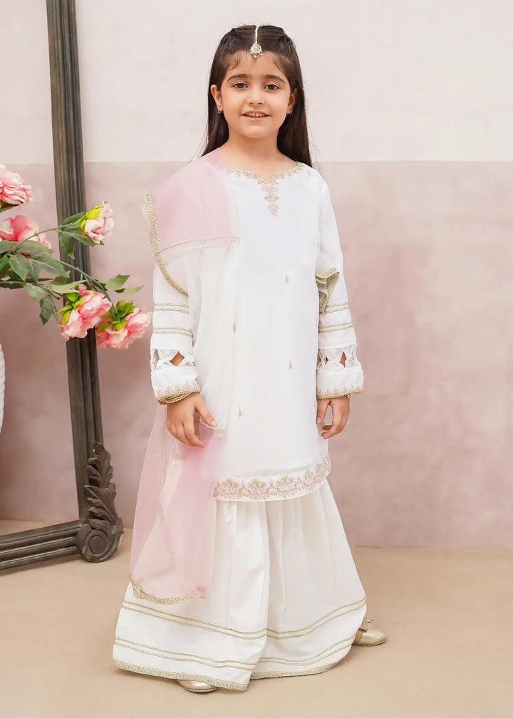 Modest - Chiffon Embroidered Gharara For Girl - White - 3 Piece