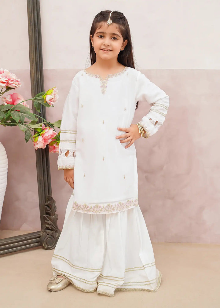 Modest - Chiffon Embroidered Gharara For Girl - White - 3 Piece