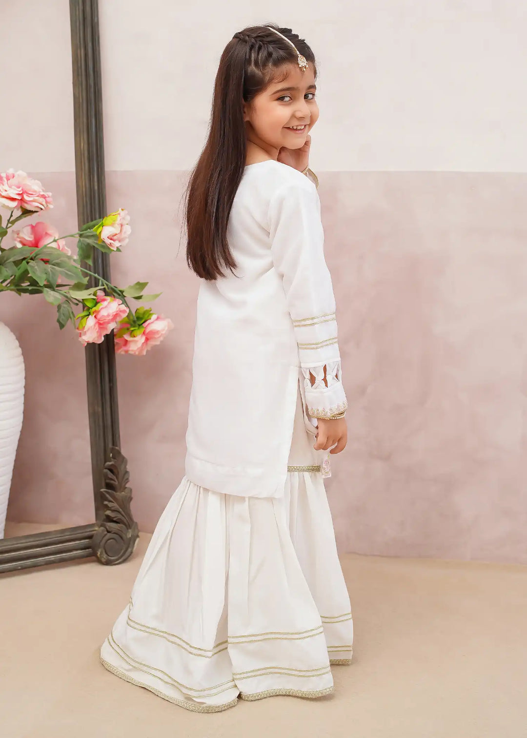 Modest - Chiffon Embroidered Gharara For Girl - White - 3 Piece