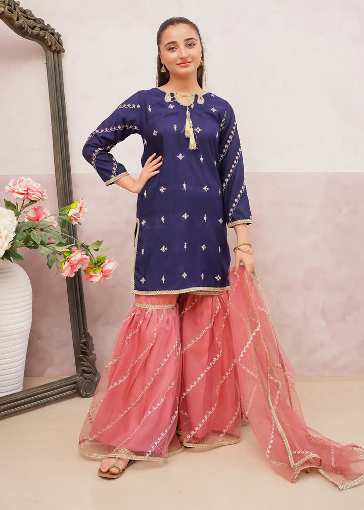 Modest - Rawsilk Embroidered Gharara For Girl - Blue - 3 Piece