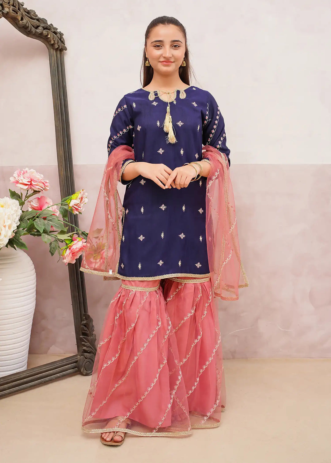 Modest - Rawsilk Embroidered Gharara For Girl - Blue - 3 Piece