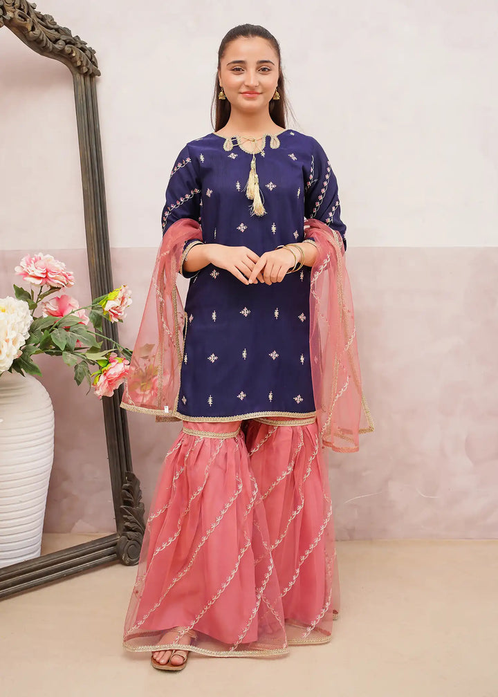 Modest - Rawsilk Embroidered Gharara For Girl - Blue - 3 Piece