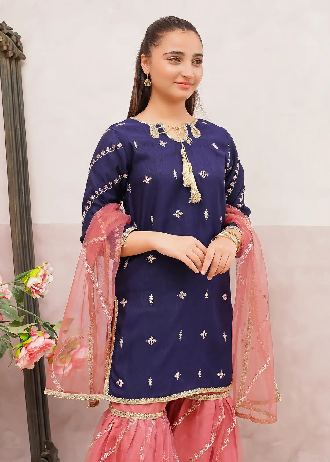 Modest - Rawsilk Embroidered Gharara For Girl - Blue - 3 Piece