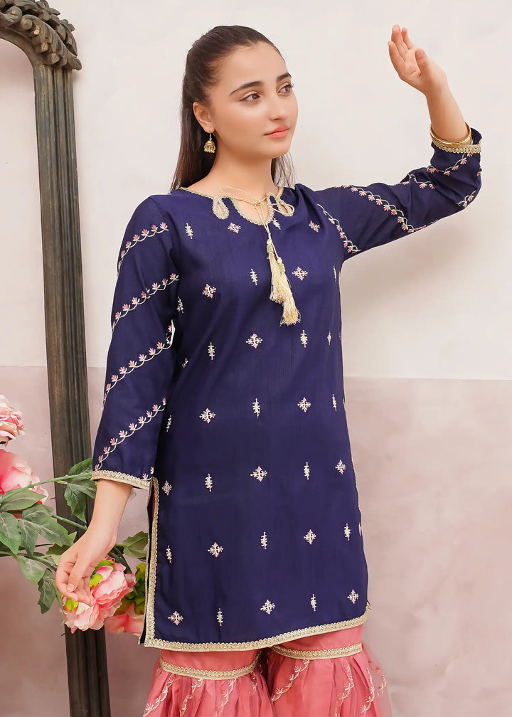 Modest - Rawsilk Embroidered Gharara For Girl - Blue - 3 Piece