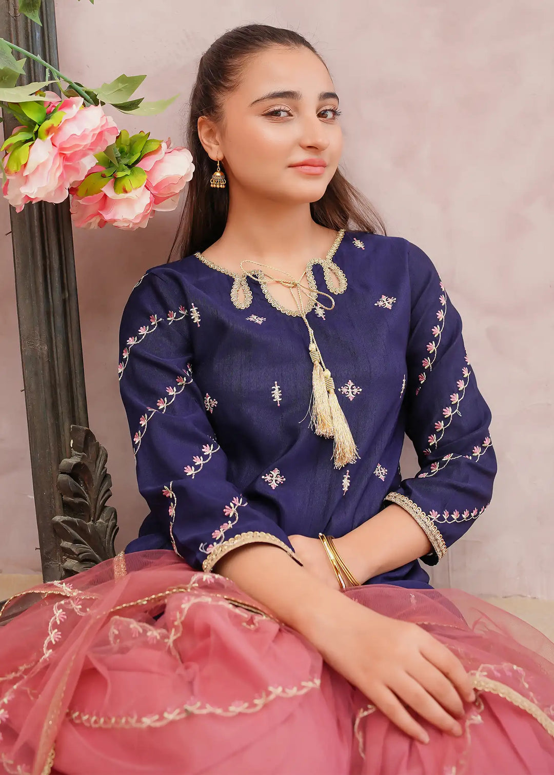 Modest - Rawsilk Embroidered Gharara For Girl - Blue - 3 Piece