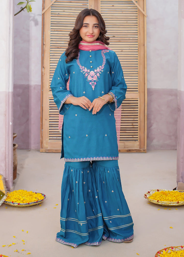Modest - Rawsilk Embroidered Gharara Suit For Girl - Blue - 3 Piece