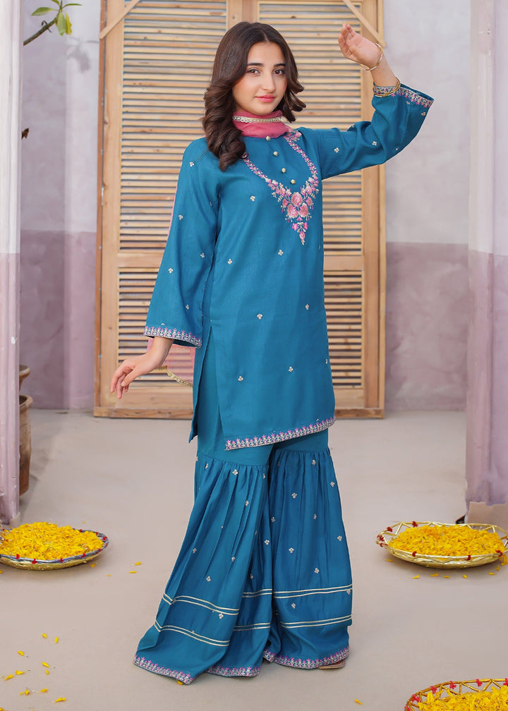 Modest - Rawsilk Embroidered Gharara Suit For Girl - Blue - 3 Piece