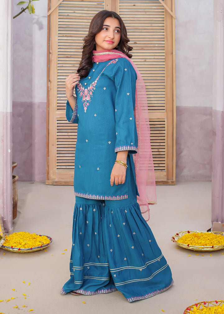 Modest - Rawsilk Embroidered Gharara Suit For Girl - Blue - 3 Piece
