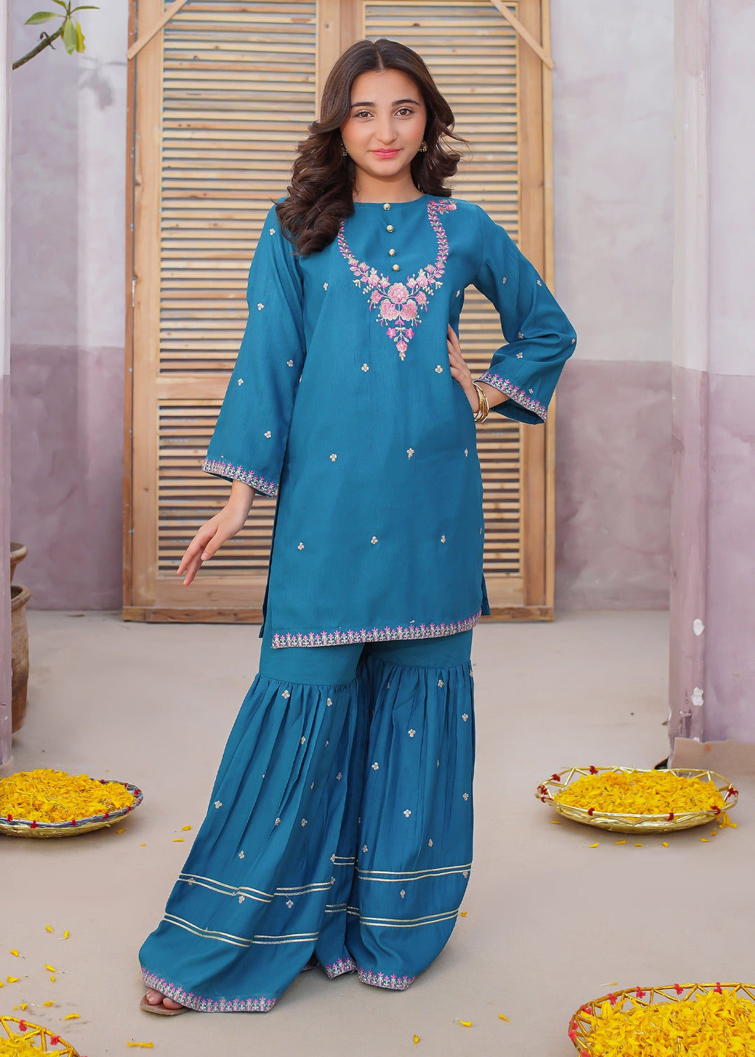 Modest - Rawsilk Embroidered Gharara Suit For Girl - Blue - 3 Piece