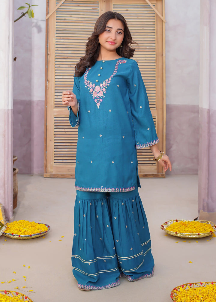 Modest - Rawsilk Embroidered Gharara Suit For Girl - Blue - 3 Piece