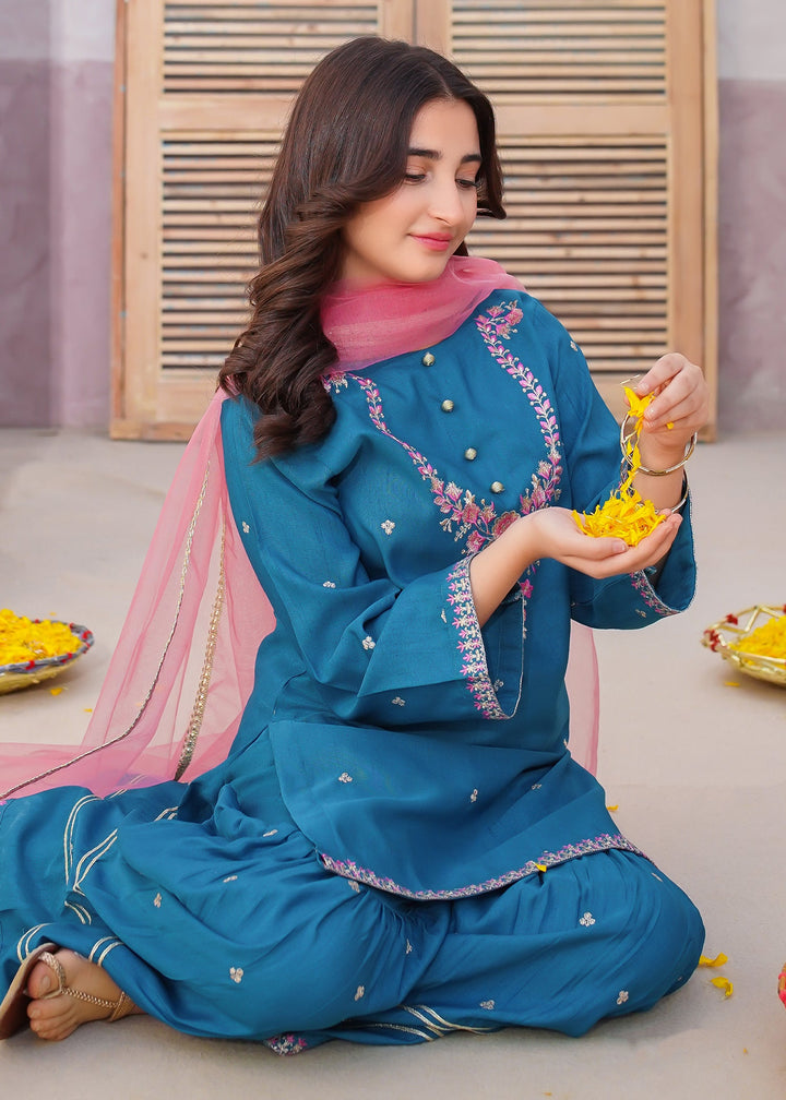 Modest - Rawsilk Embroidered Gharara Suit For Girl - Blue - 3 Piece