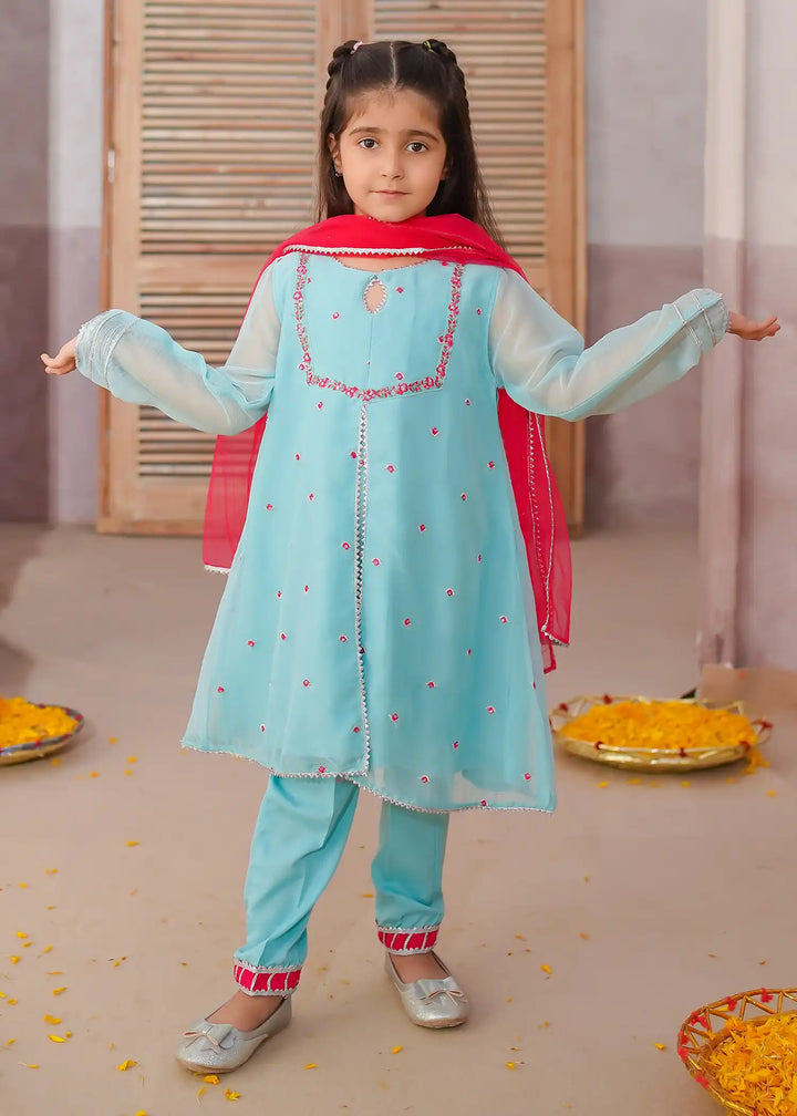 Modest - Chiffon Embroidered Suit For Girl - Blue - 3 Piece