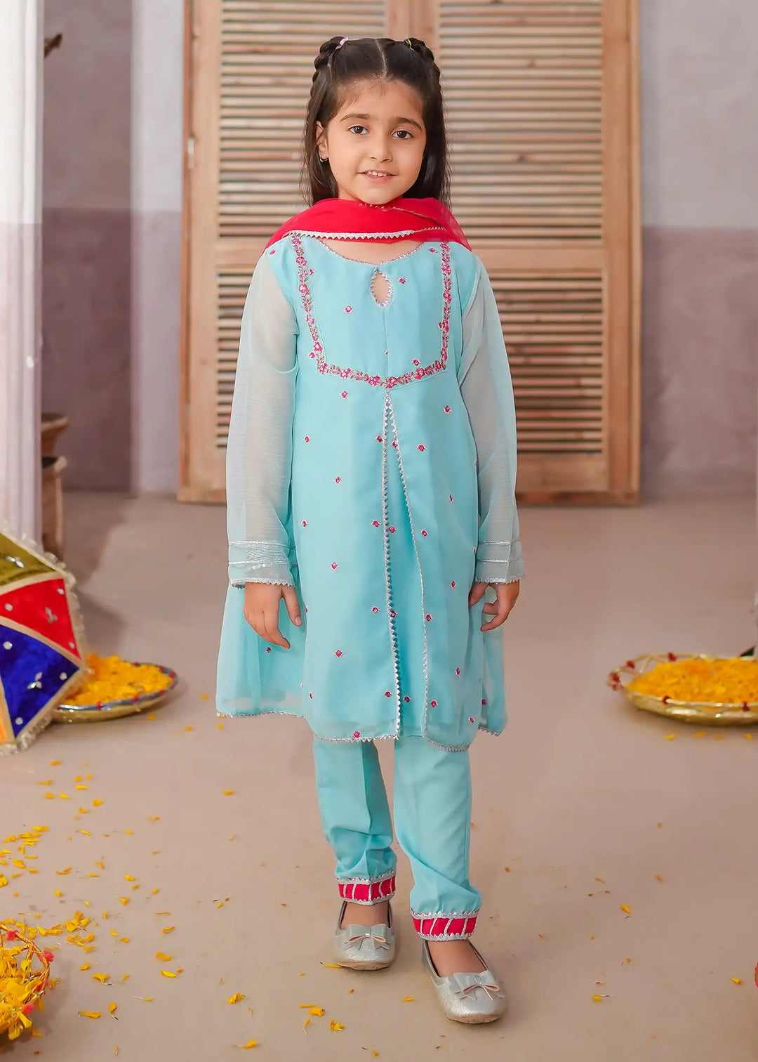 Modest - Chiffon Embroidered Suit For Girl - Blue - 3 Piece