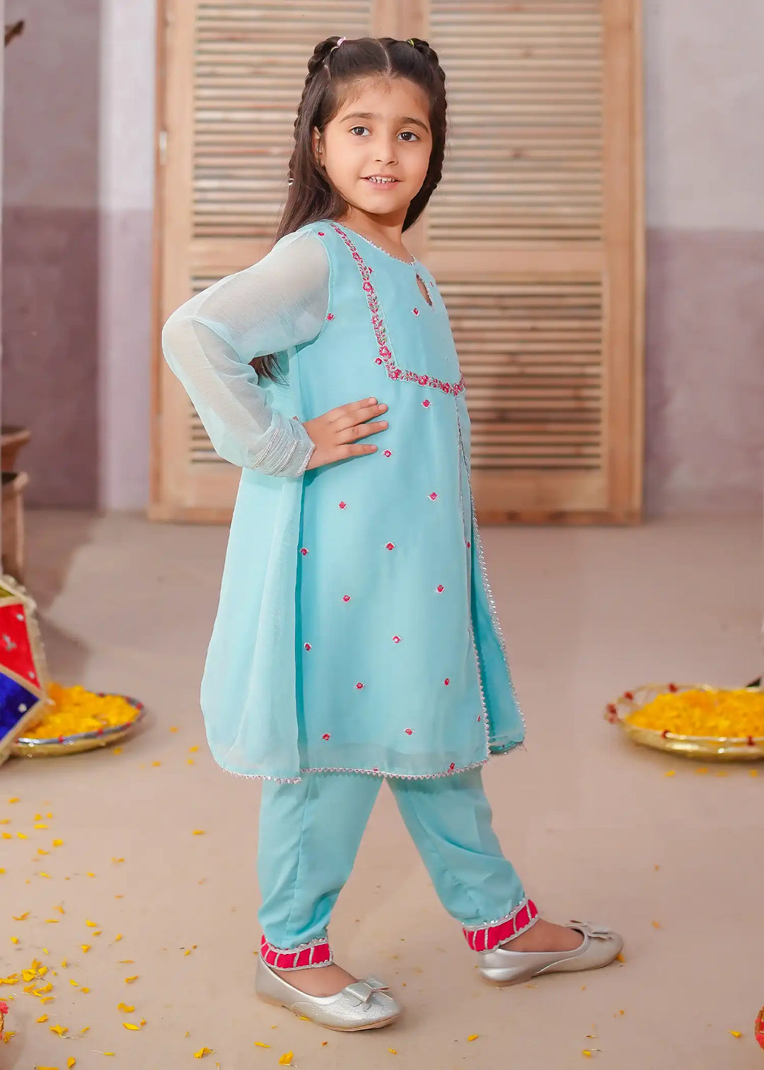 Modest - Chiffon Embroidered Suit For Girl - Blue - 3 Piece