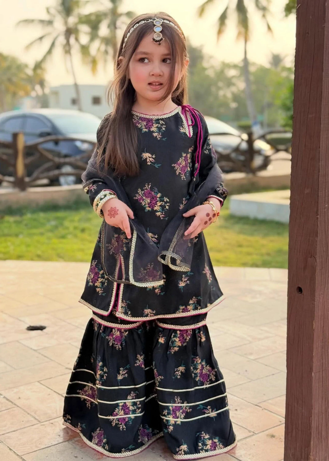 Modest - Printed Rawsilk Dress For Girl - Black - 3 Piece