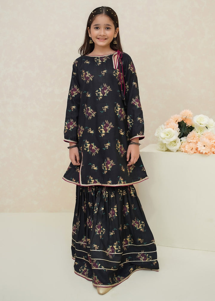 Modest - Printed Rawsilk Dress For Girl - Black - 3 Piece