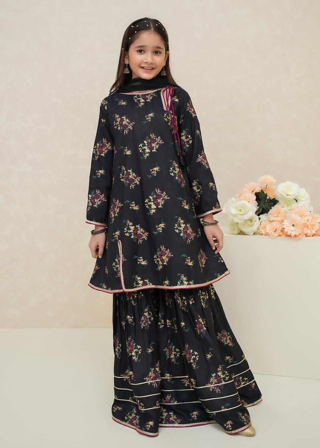 Modest - Printed Rawsilk Dress For Girl - Black - 3 Piece