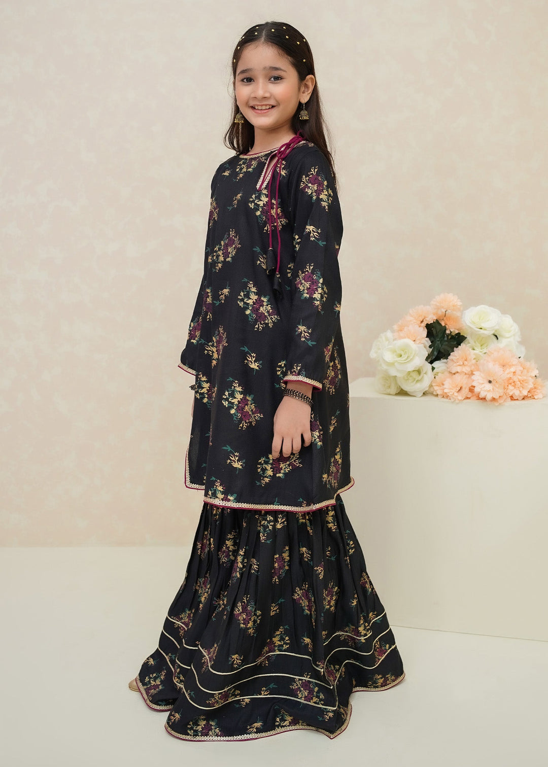 Modest - Printed Rawsilk Dress For Girl - Black - 3 Piece