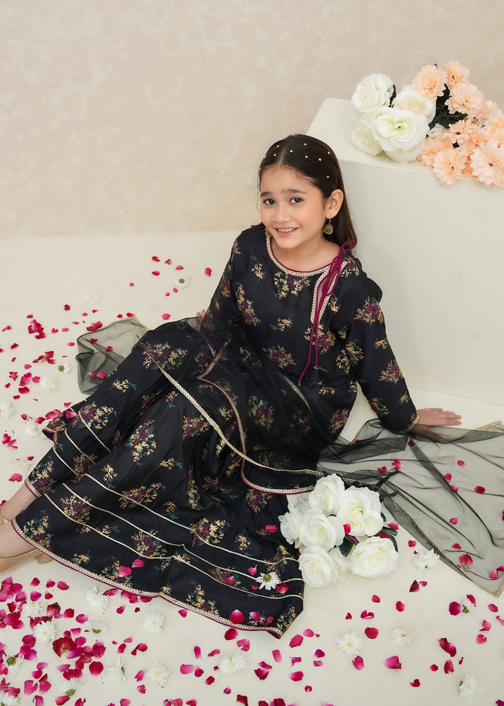 Modest - Printed Rawsilk Dress For Girl - Black - 3 Piece