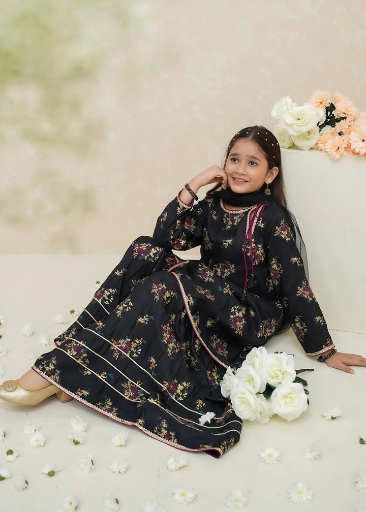 Modest - Printed Rawsilk Dress For Girl - Black - 3 Piece