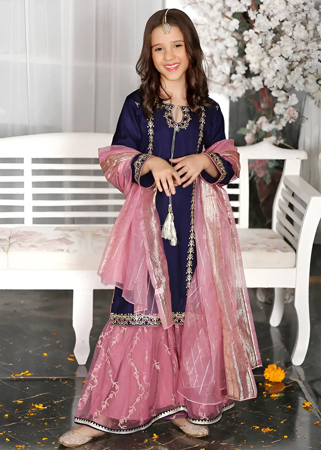 Modest - Raw Silk Gharara For Girl - Blue - 3 Piece