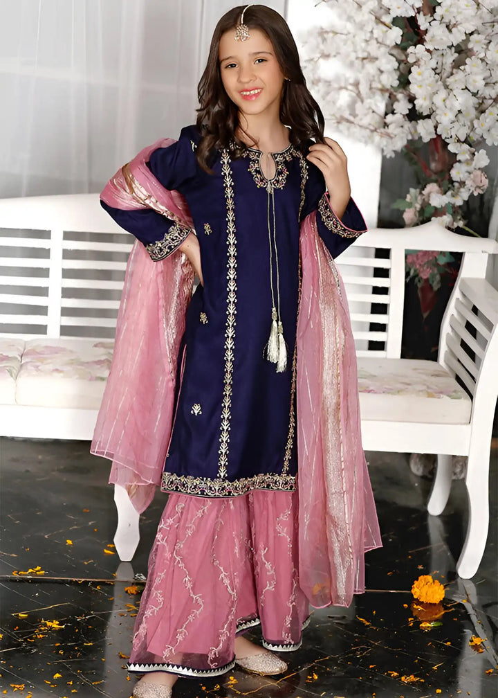 Modest - Raw Silk Gharara For Girl - Blue - 3 Piece