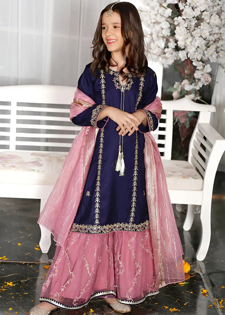 Modest - Raw Silk Gharara For Girl - Blue - 3 Piece