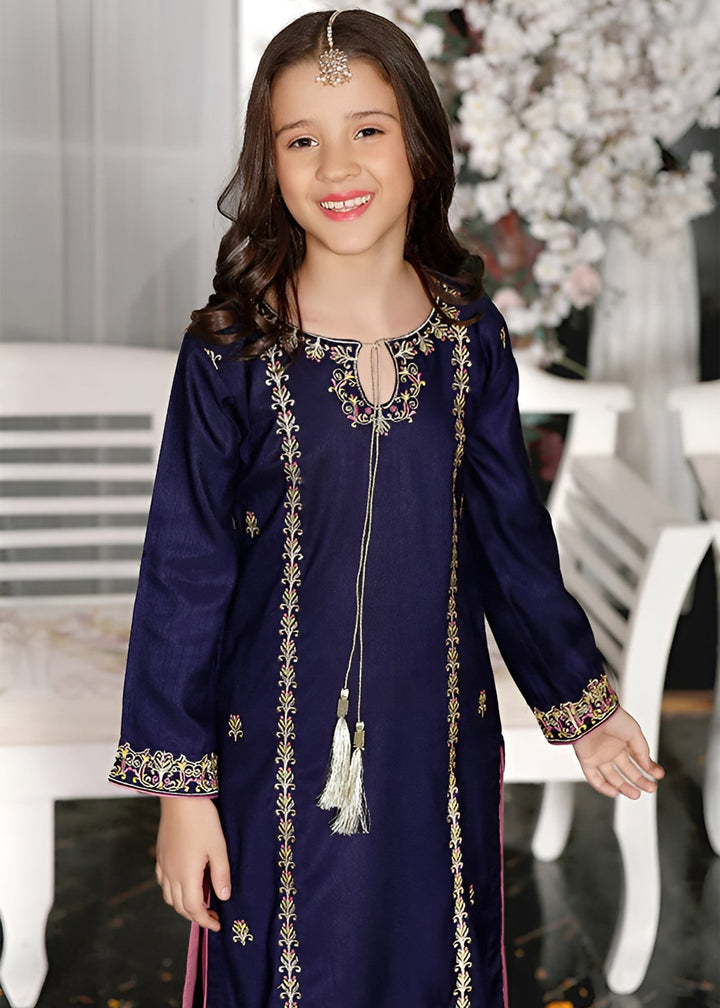 Modest - Raw Silk Gharara For Girl - Blue - 3 Piece