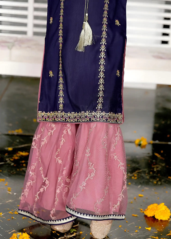 Modest - Raw Silk Gharara For Girl - Blue - 3 Piece