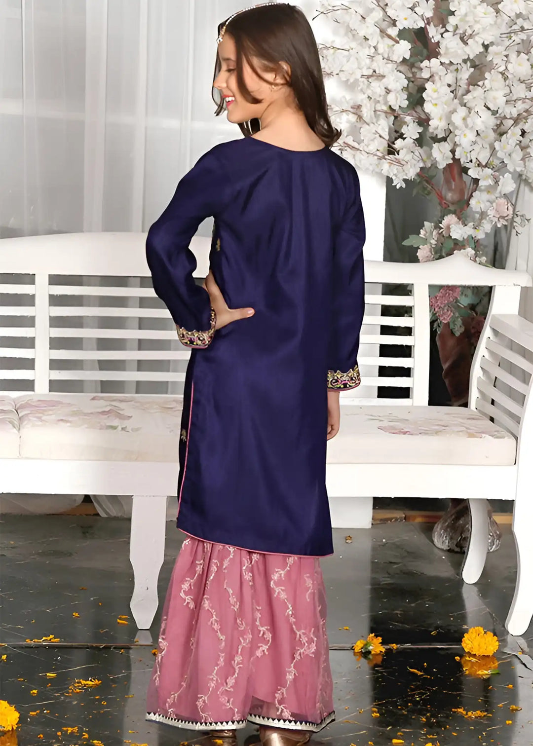 Modest - Raw Silk Gharara For Girl - Blue - 3 Piece