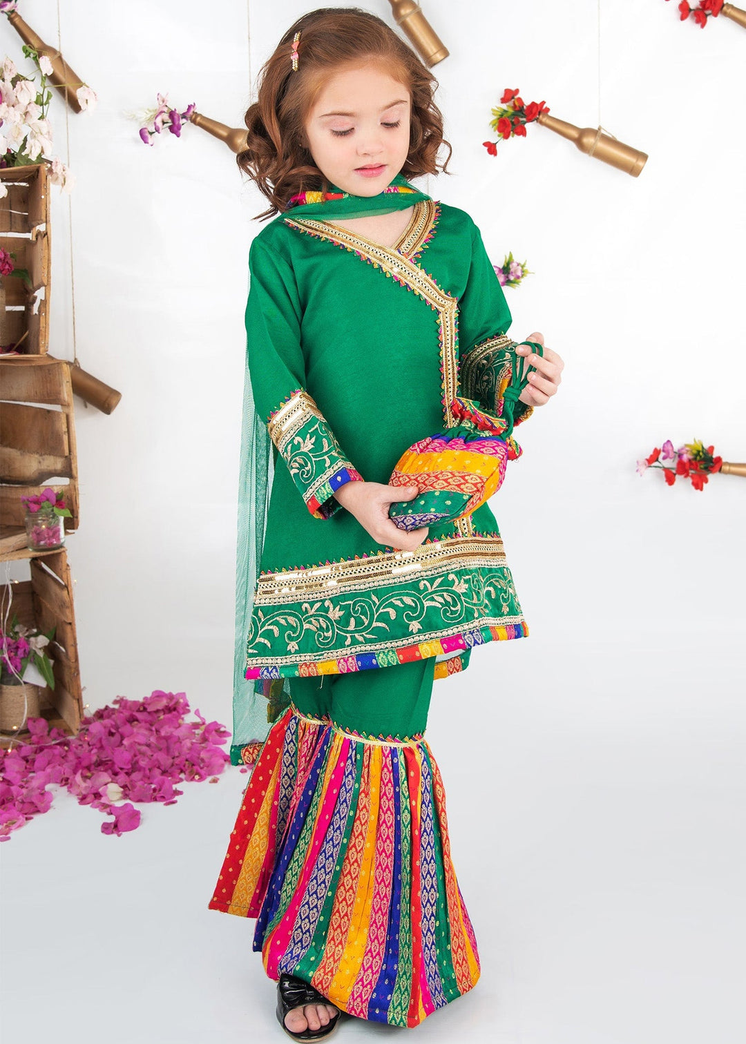 Modest - Raw Silk Wedding Dress For Girl - Green - 3 Piece