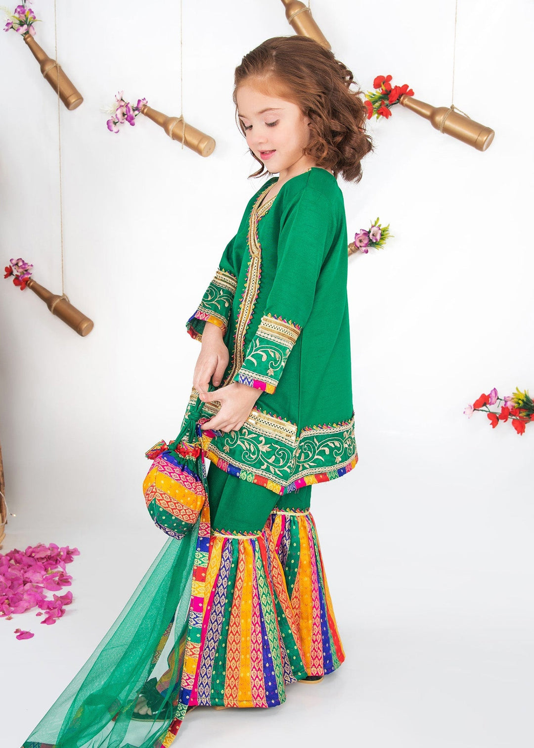 Modest - Raw Silk Wedding Dress For Girl - Green - 3 Piece