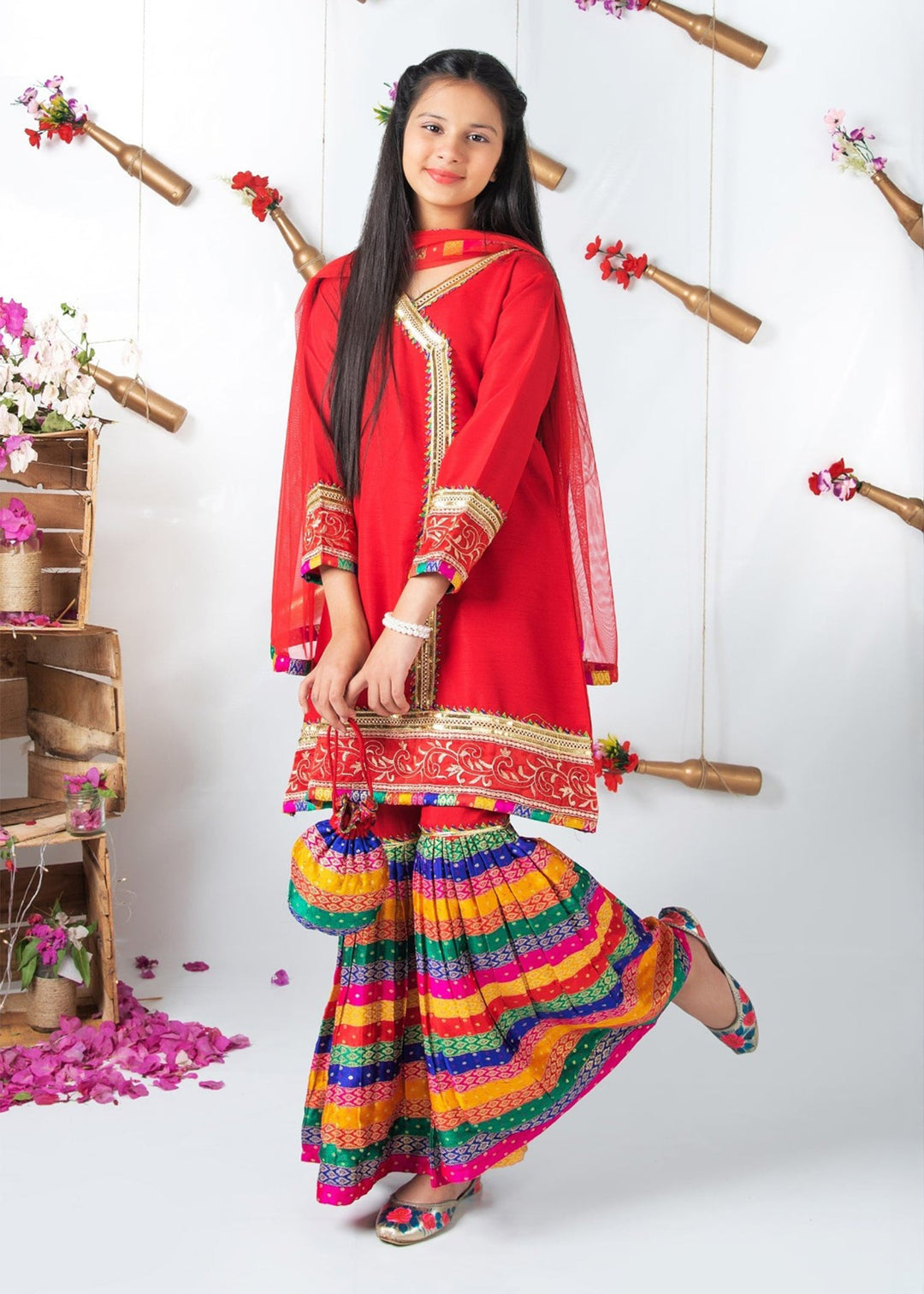 Modest - Raw Silk Wedding Dress For Girl - Red - 3 Piece