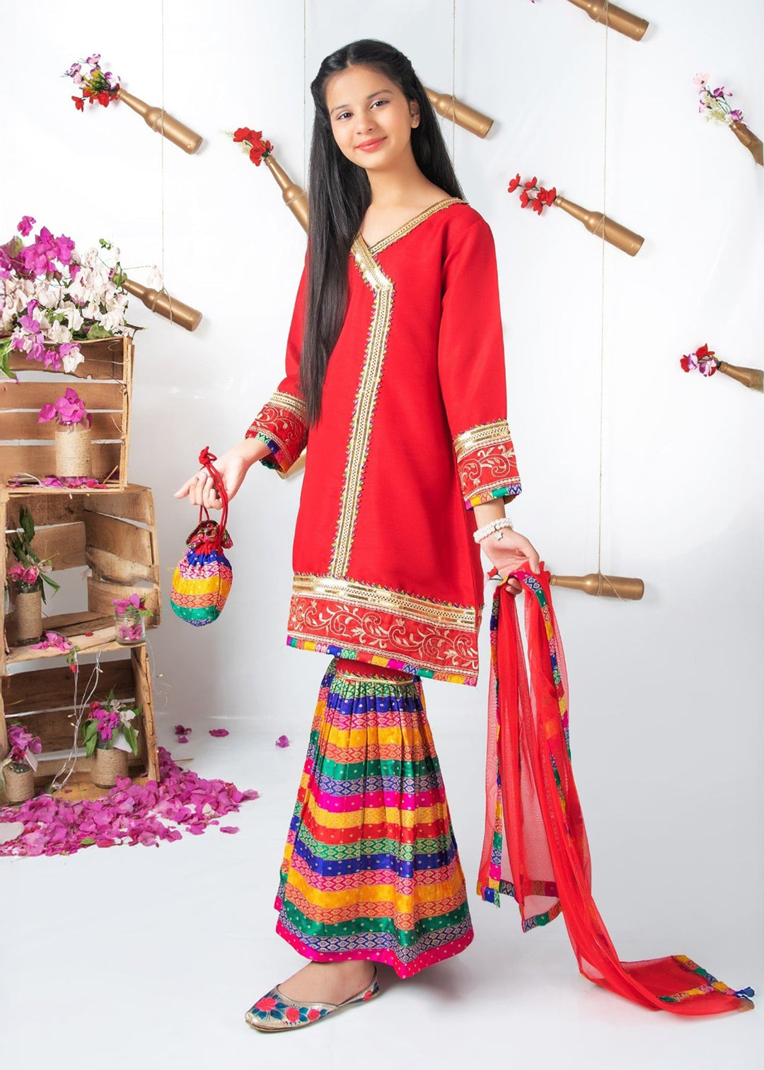Modest - Raw Silk Wedding Dress For Girl - Red - 3 Piece