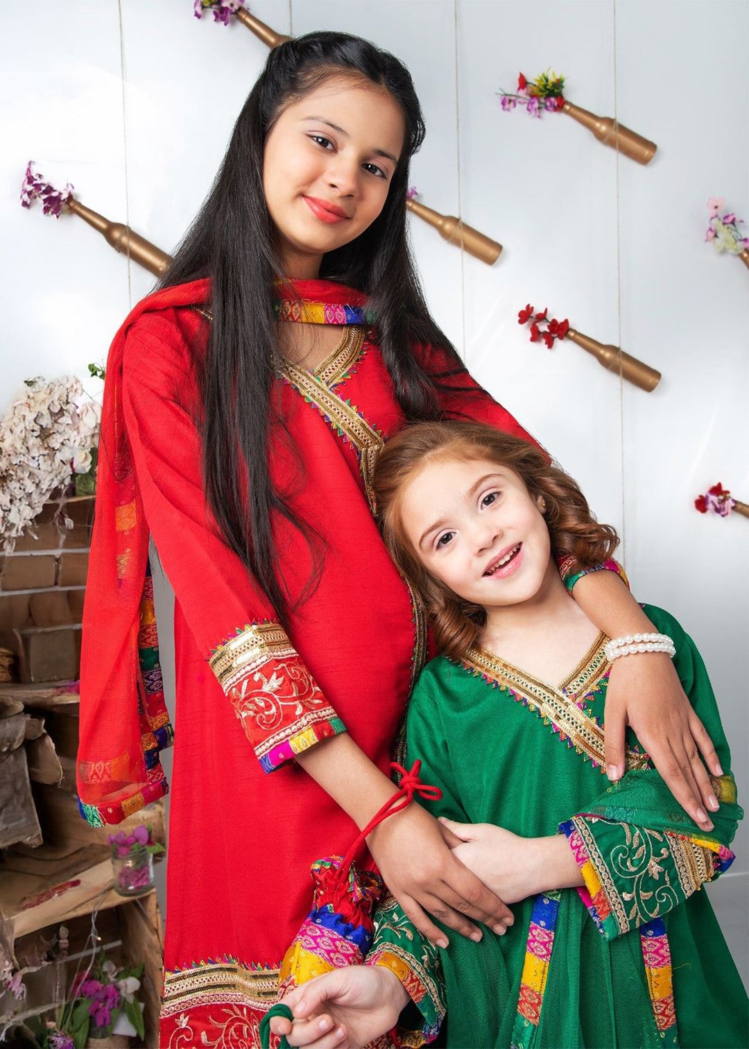 Modest - Raw Silk Wedding Dress For Girl - Red - 3 Piece
