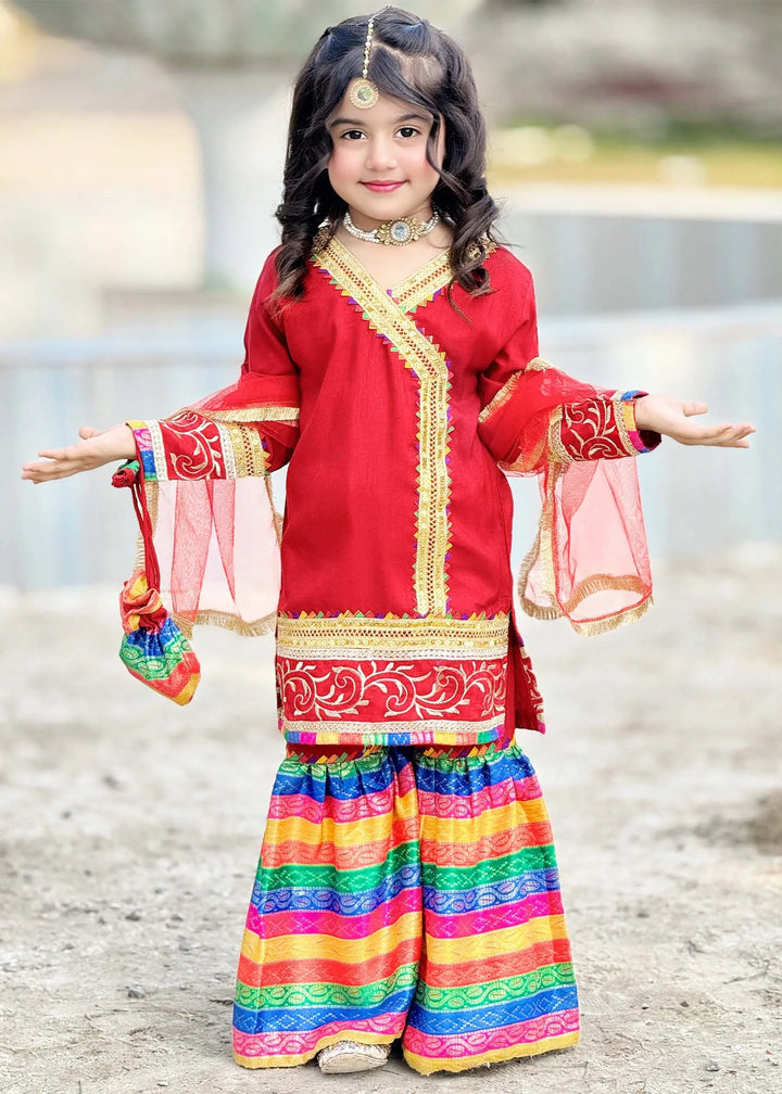 Modest - Raw Silk Wedding Dress For Girl - Red - 3 Piece