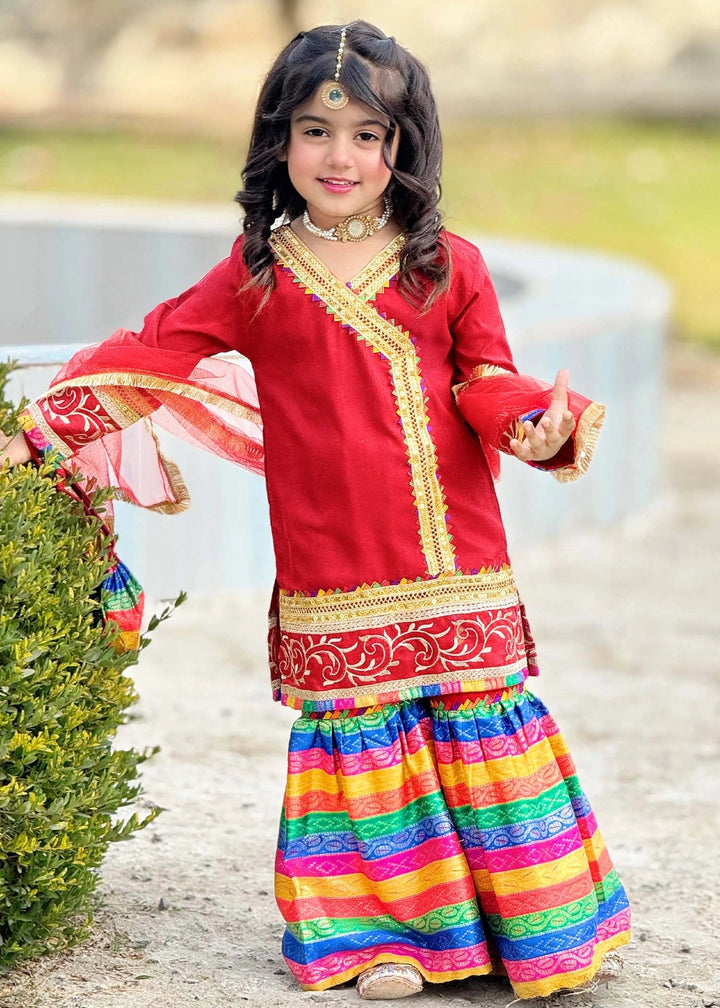 Modest - Raw Silk Wedding Dress For Girl - Red - 3 Piece