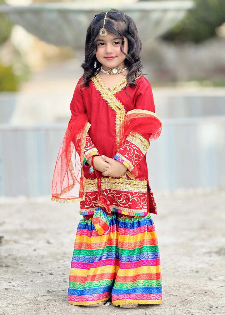 Modest - Raw Silk Wedding Dress For Girl - Red - 3 Piece