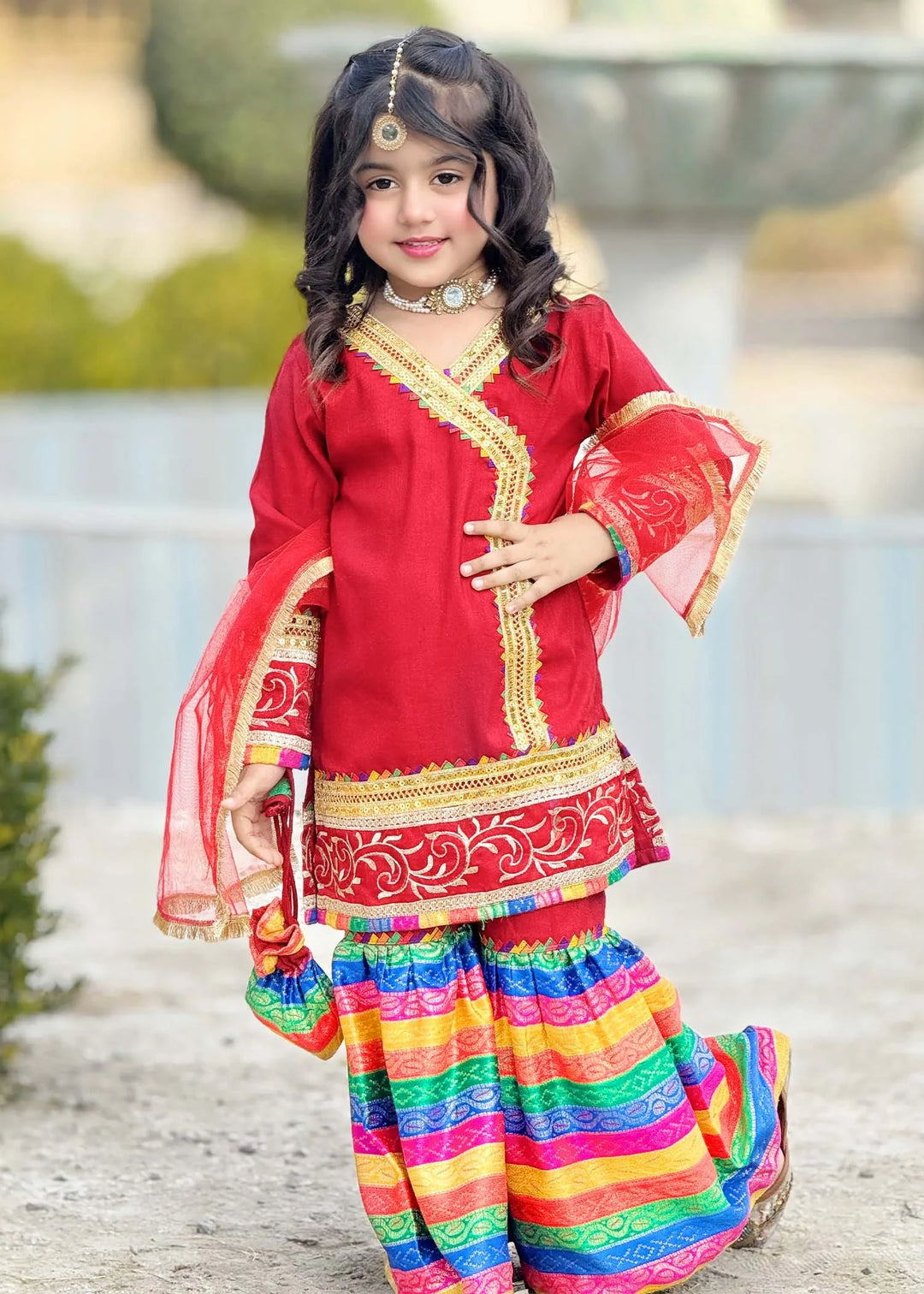 Modest - Raw Silk Wedding Dress For Girl - Red - 3 Piece
