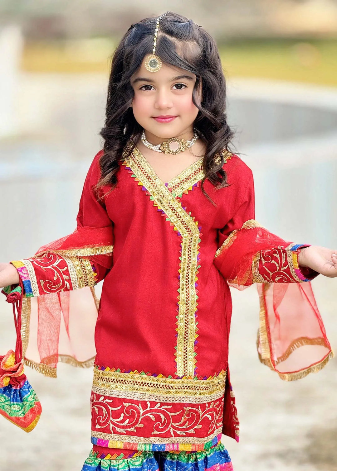Modest - Raw Silk Wedding Dress For Girl - Red - 3 Piece