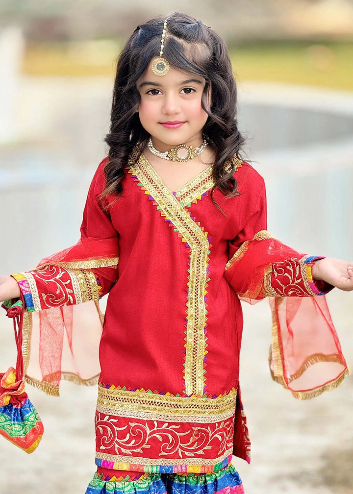 Modest - Raw Silk Wedding Dress For Girl - Red - 3 Piece