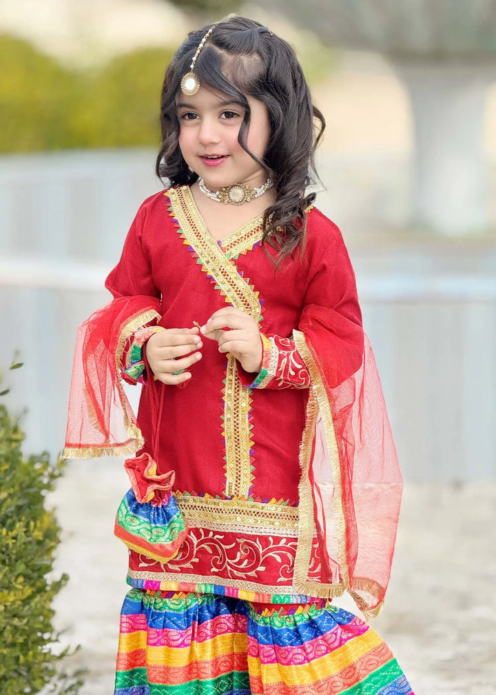 Modest - Raw Silk Wedding Dress For Girl - Red - 3 Piece