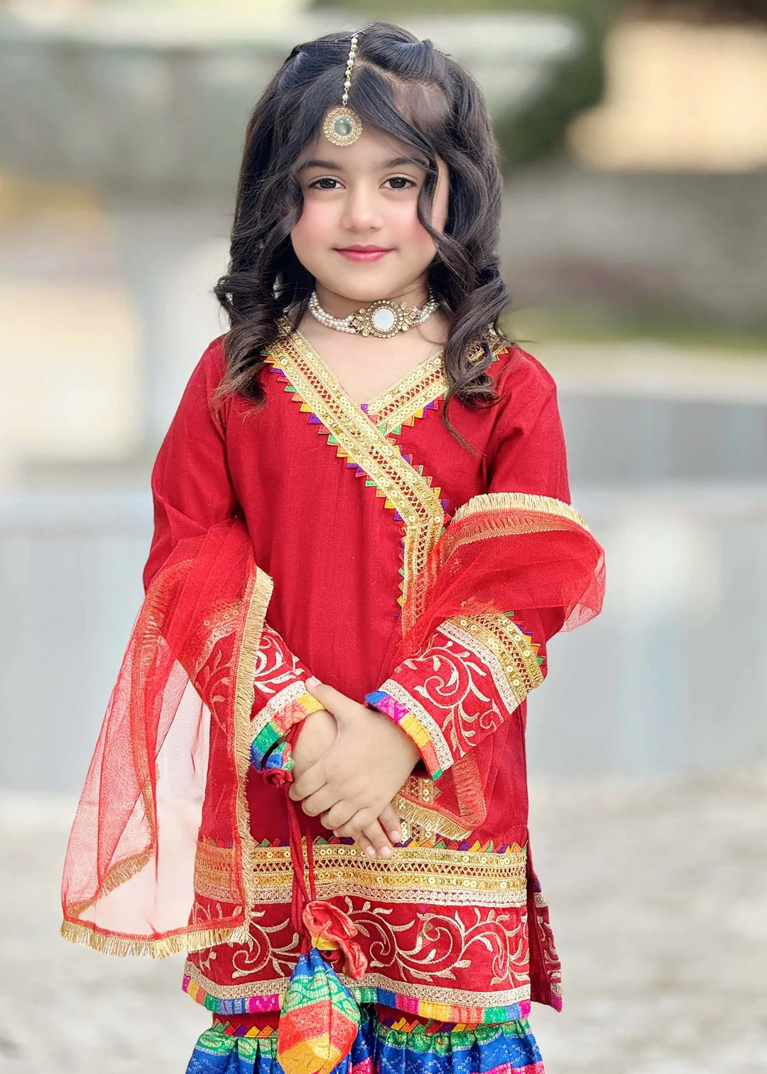 Modest - Raw Silk Wedding Dress For Girl - Red - 3 Piece