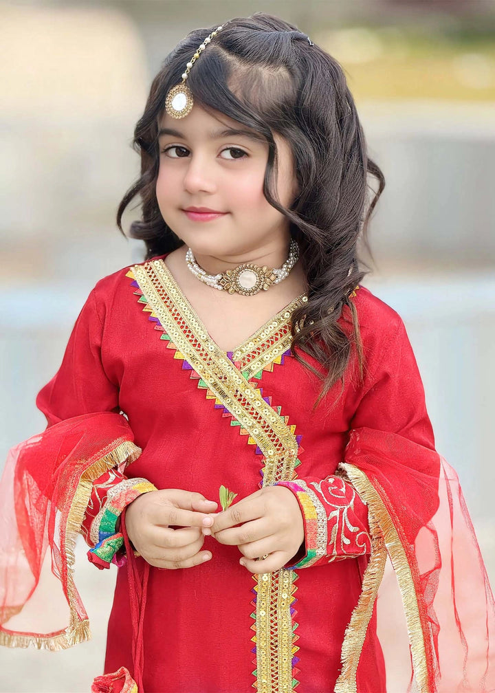 Modest - Raw Silk Wedding Dress For Girl - Red - 3 Piece