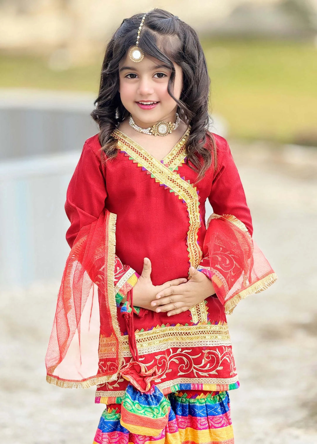 Modest - Raw Silk Wedding Dress For Girl - Red - 3 Piece
