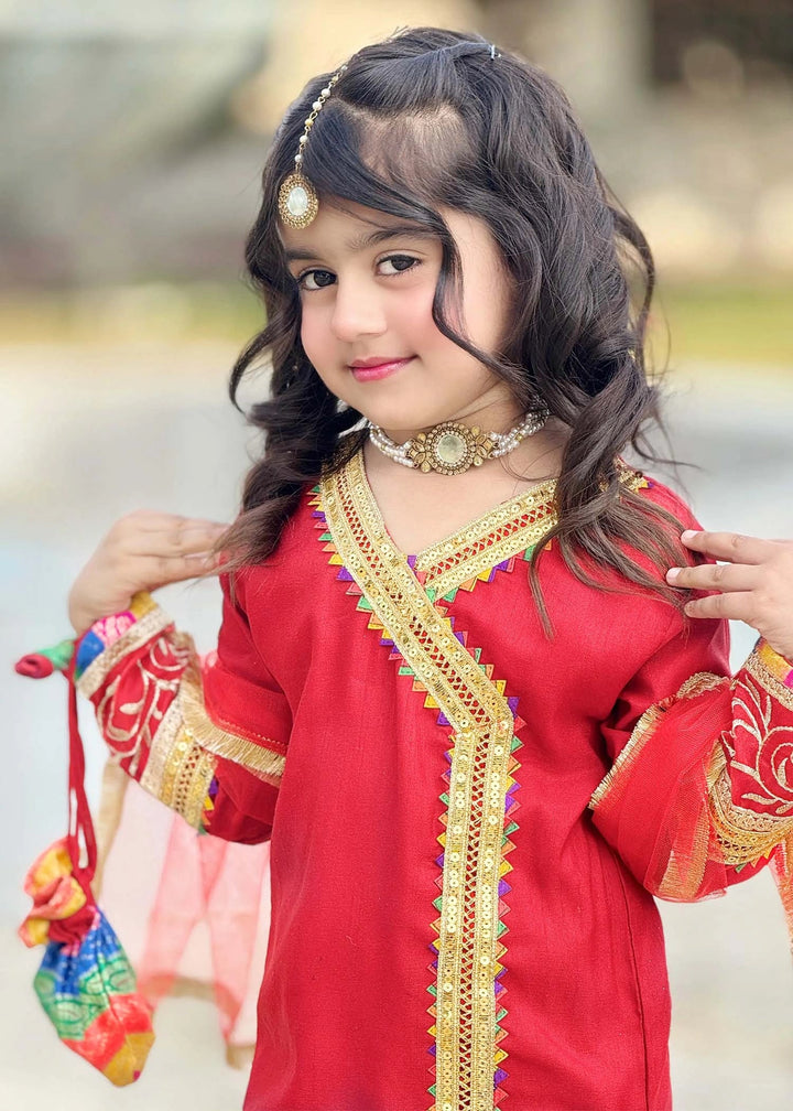Modest - Raw Silk Wedding Dress For Girl - Red - 3 Piece