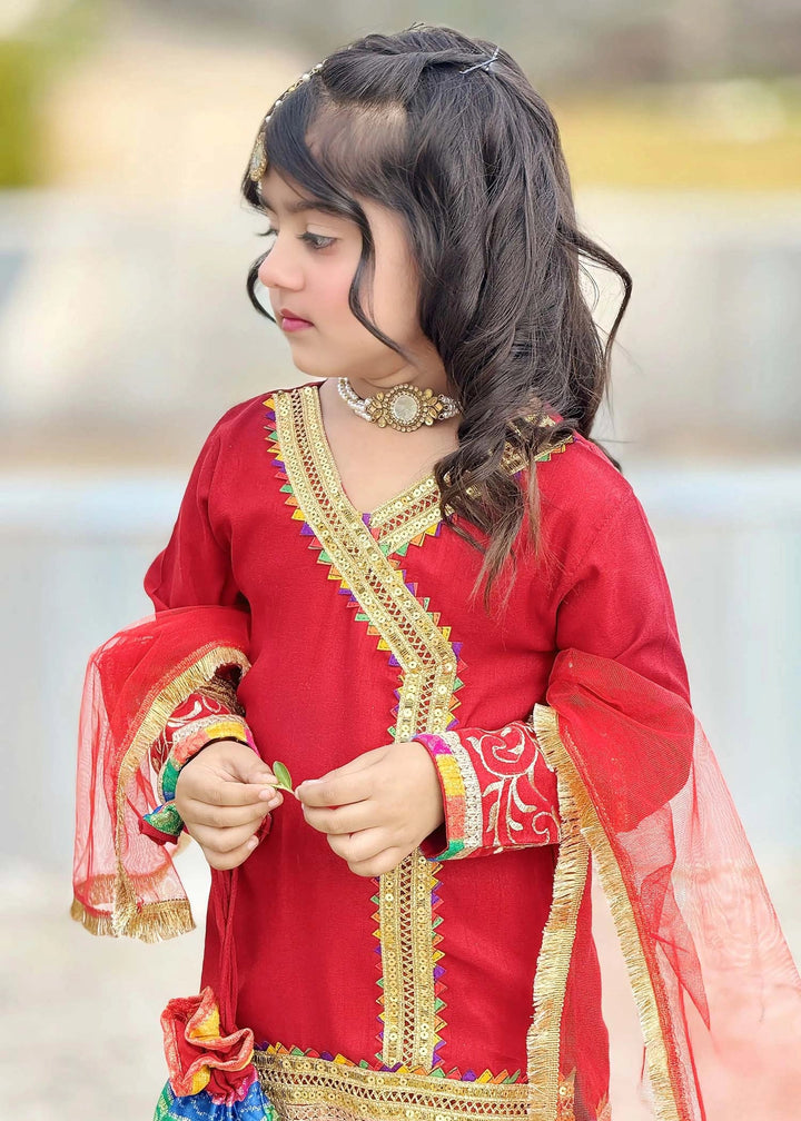 Modest - Raw Silk Wedding Dress For Girl - Red - 3 Piece